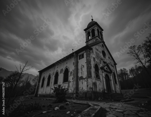 Eerie abandoned church stands under a dramatic, stormy sky.