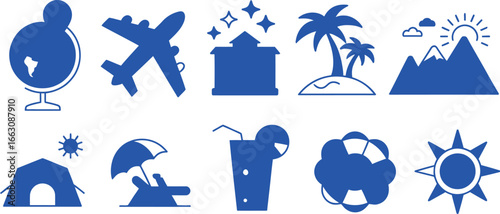 Set of Blue Travel Icons Featuring Globe, Plane, Building, Island, Mountain and Sun