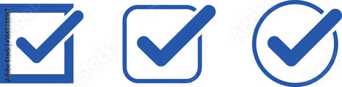 Three Blue Check Mark Icons in Box and Circle Shapes on a White Background