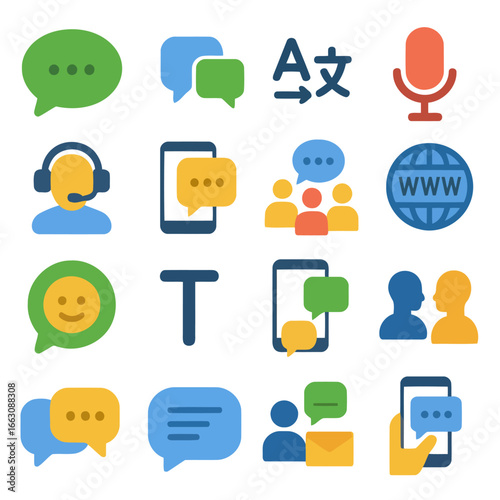Communication Icons: A colorful and comprehensive collection of communication icons, perfectly illustrating various forms of dialogue, translation, and technological interaction.