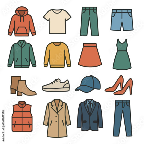 Essential Wardrobe Assortment: A vibrant ensemble of essential clothing items, designed for a spectrum of everyday outfits.