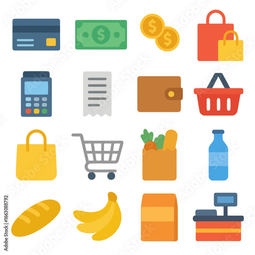 Shopping Essentials Icons: A vibrant collection of vector icons showcasing essential shopping elements, offering a clean, modern, and versatile visual representation of commerce. 