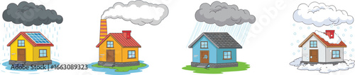 Cartoon houses in extreme weather, heavy rain, pollution, acid rain, snowfall, global warming, climate change effects, environmental disaster illustration.