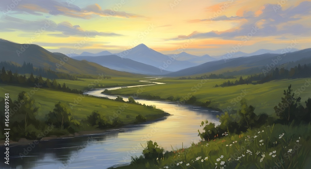 Obraz premium A beautiful landscape with a flowing river. Generative AI.