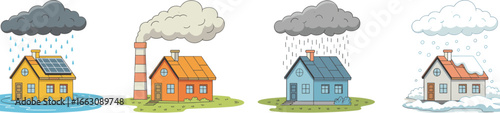 Cartoon illustration of climate change effects on houses, showing flood, pollution, acid rain, snowfall, environmental damage, global warming impact.