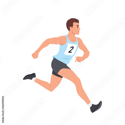 Male athlete running at full speed during a marathon or track race. Flat vector illustration isolated on white background