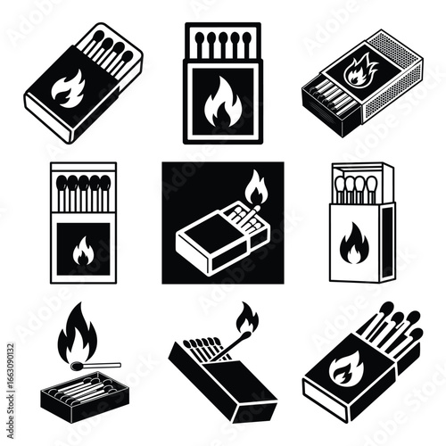 Matchbox Icons Set, Black & White Burning Match Stick Vector Illustration