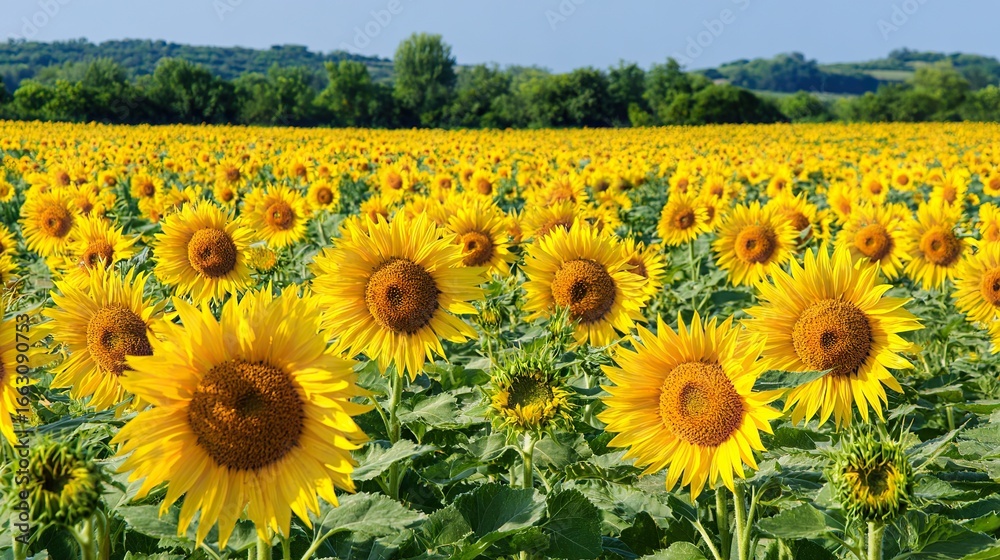 Fototapeta premium Large expanses of sunflowers blooming, and the flat backdrop creates an endless sea of flowers, capturing the beauty of nature, perfect for artistic or photographic backgrounds.