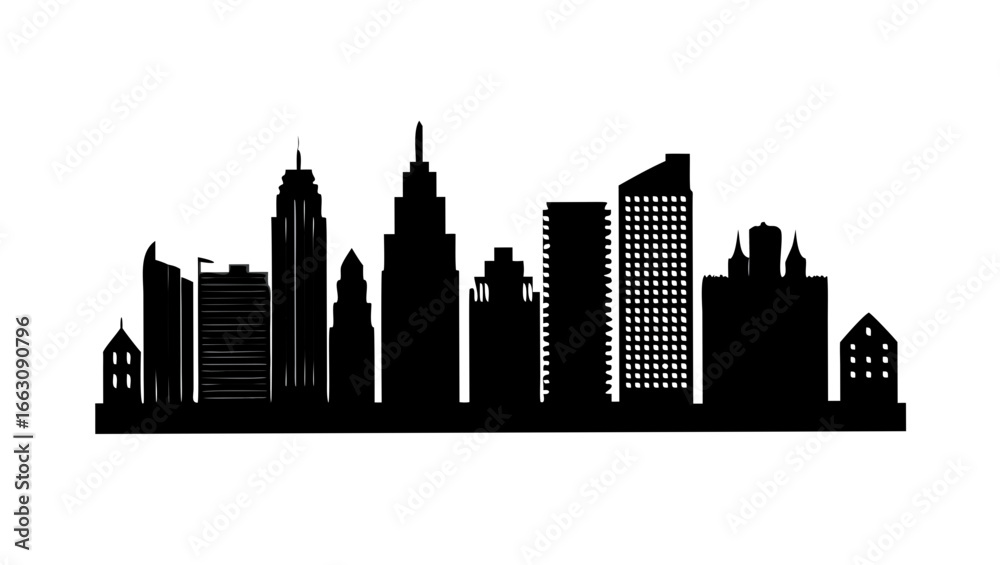 Naklejka premium Minimalist line art sketch of a tall skyscraper building with horizontal lines representing floors against a stark black background