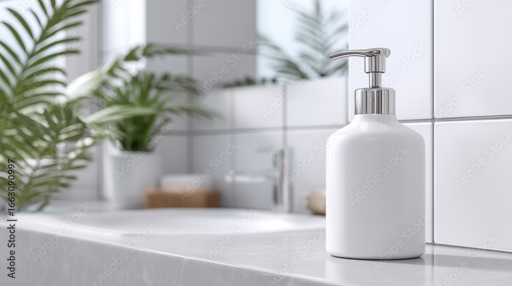 Fototapeta premium White Pump Bottle in a Minimalist Bathroom