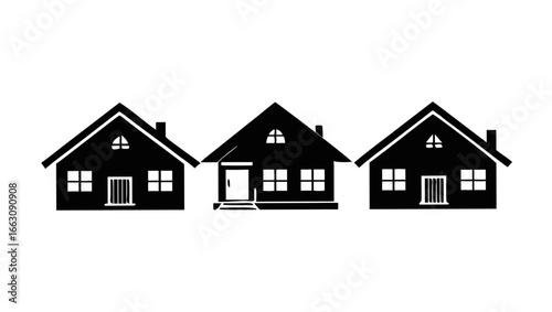 Three identical simple house silhouettes lined up side by side against a black background with a white outline