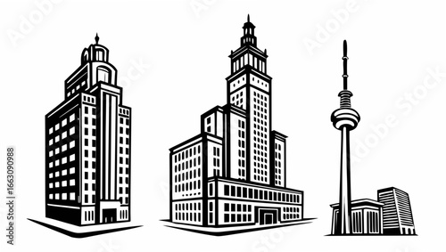 A stylized black and white illustration featuring three distinct architectural structures including two modern skyscrapers and a tall communications tower