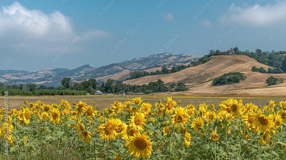 Fototapeta premium Large expanses of sunflowers blooming, and the flat backdrop creates an endless sea of flowers, capturing the beauty of nature, perfect for artistic or photographic backgrounds.