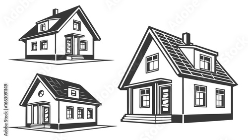 Collection of stylized black and white illustrations of traditional detached houses with pitched roofs and dormer windows