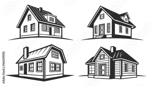 Collection of stylized black and white vector illustrations of various detached houses and cottages on white background