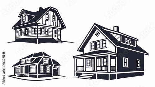Collection of three stylized black and white vector illustrations of classic american residential houses with detailed architectural elements