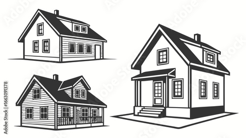 Collection of three stylized black and white vector illustrations of traditional residential houses with multiple windows and pitched roofs