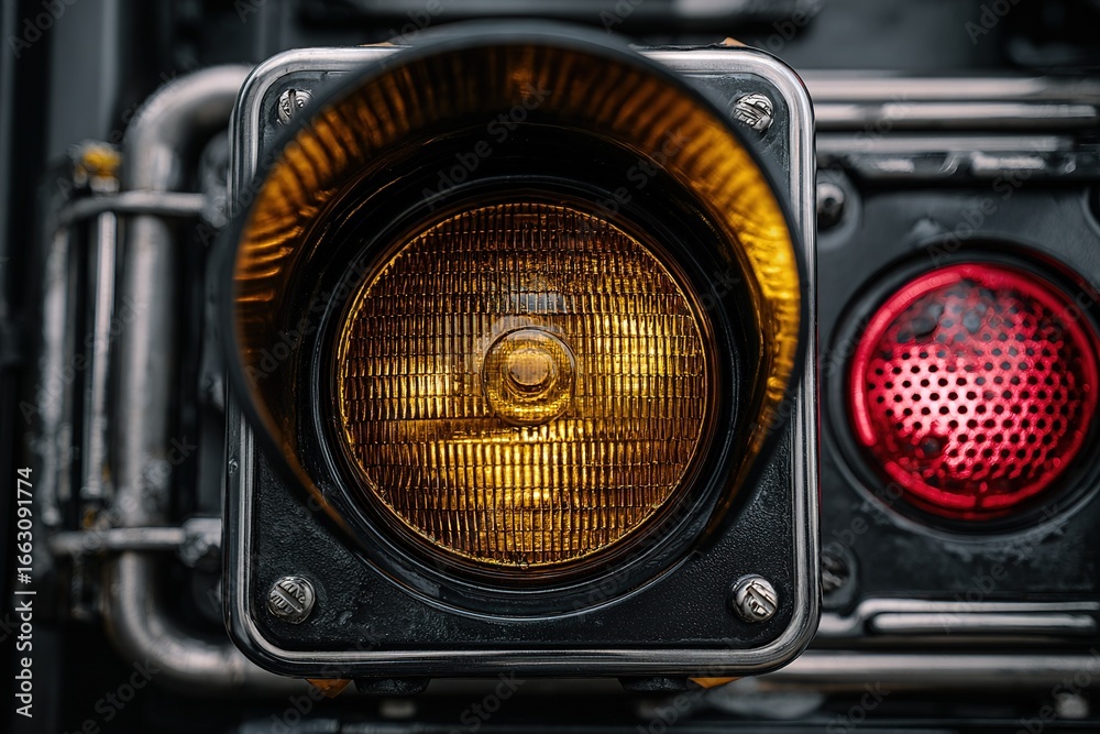 Fototapeta premium Traffic signal with amber light illuminated near an intersection during evening hours