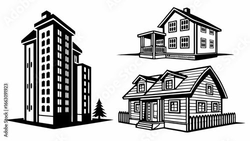 Collection of black and white stylized illustrations featuring a modern high rise apartment building and two charming houses
