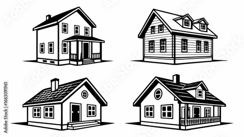Collection of four distinct black and white line art illustrations of residential houses with varying architectural styles and features