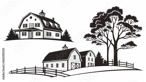 Classic american farmhouse and barns with mature tree and picket fence on rolling hills in silhouette