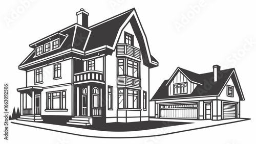 Classic victorian era style residential house and detached garage with a bay window and dormer windows