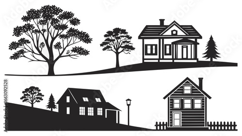 Collection of black silhouette houses and trees on hillsides with a street lamp and picket fence