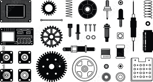 Collection of mechanical components and gears in a flat design style