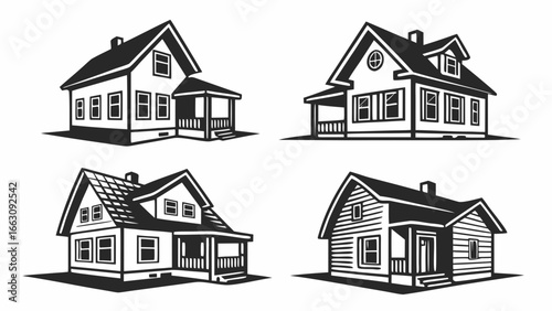 Collection of four black and white stylized illustrations of traditional american houses with porches and dormer windows