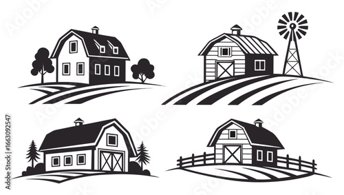 Collection of four stylized black and white farm scenes featuring barns fields trees and a windmill on rolling hills