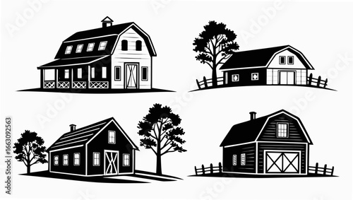 Collection of four stylized black silhouette barns with trees and fences on a white background