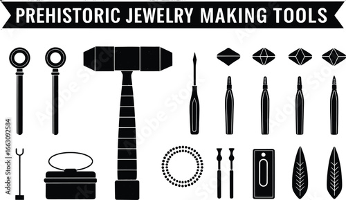 Collection of prehistoric jewelry making tools and materials