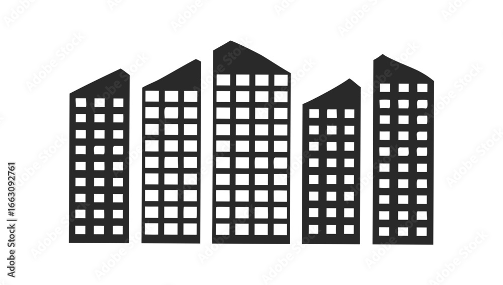 Simple dark gray silhouette of five modern high rise buildings with square windows against a black background Simple dark gray silhouette of five modern high rise buildings with square windows against a black background