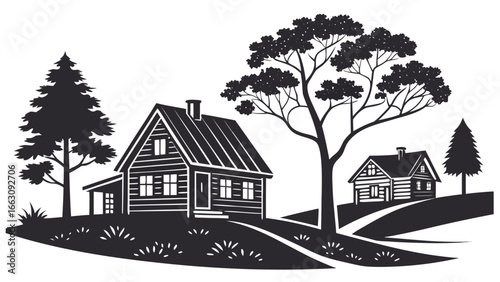 Rustic log cabin village scene with pine trees and deciduous trees in a stylized black and white silhouette design