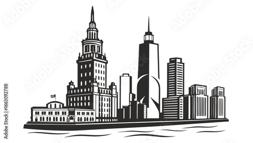 Striking black and white graphic illustration of a modern city skyline with iconic skyscrapers and a waterfront view