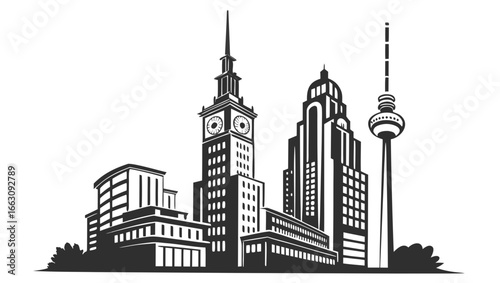 Stylized black and white silhouette of a modern cityscape featuring iconic buildings and a prominent clock tower