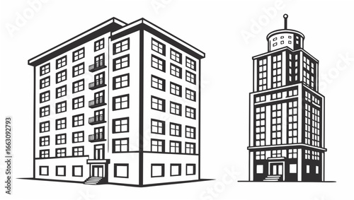 Stylized black and white illustration of two distinct city buildings one a multi story apartment block with balconies and another a tall skyscraper with a rounded top
