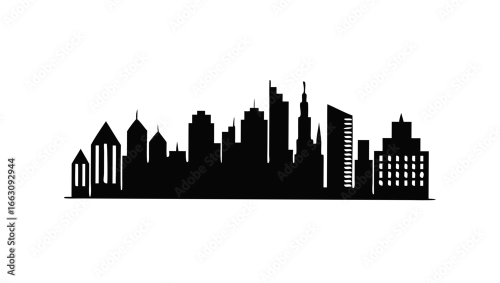 Naklejka premium A minimalist black silhouette of a diverse city skyline featuring various architectural styles and building heights against a dark background