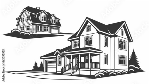 Two stylized black and white illustrations of american style houses with garages and landscaping on a white background