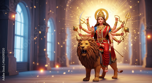 happy navratri Durga Mahashakti The Celestial Slayer of Mahishasura Illuminated in Divine Radiance, Adorned with Astral Weapons and Sacred Ornaments, Standing Victorious Amidst Cosmic Light Bursts