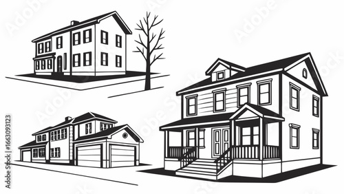 Collection of black and white architectural illustrations of diverse residential houses and a bare tree