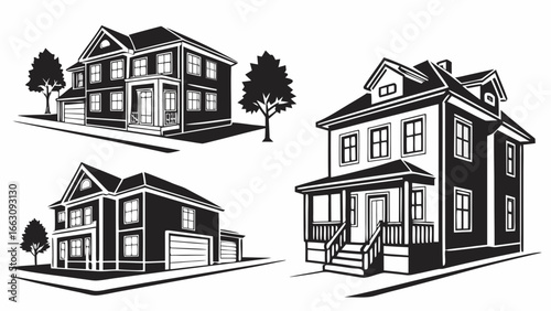 Collection of black and white stylized illustrations of residential houses with trees and garages on white background
