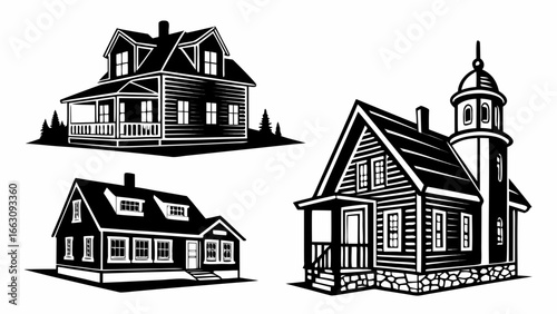 Collection of three black and white silhouette illustrations of charming vintage american style houses with porches and architectural details