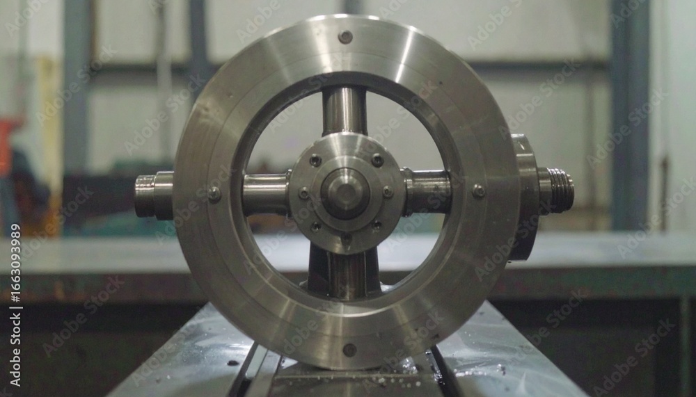 Naklejka premium Showcasing the intricate design of an industrial metal wheel, this detailed shot highlights the sophisticated mechanical engineering and manufacturing precision found in a busy workshop environment.