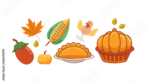 A charming collection of thanksgiving holiday icons including a turkey pumpkin pie corn maple leaves and a tomato on a black background