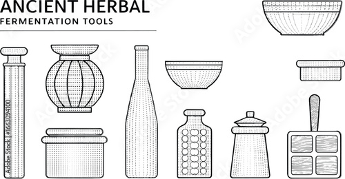 Collection of ancient herbal fermentation tools and vessels