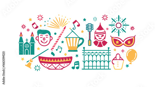 A vibrant and colorful abstract illustration featuring a collection of festive and celebratory icons on a black background