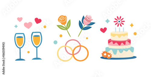 Celebration icons featuring champagne glasses interlocking rings roses hearts and a tiered cake with candles