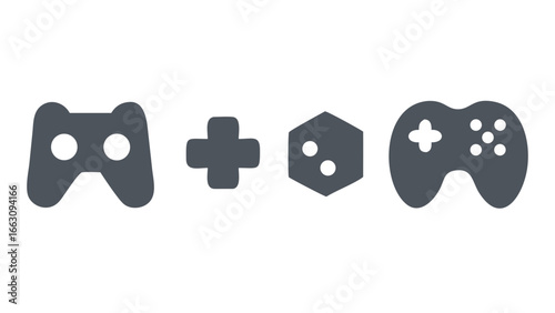 Classic video game controllers and a six sided die with dots representing the number three and a plus symbol
