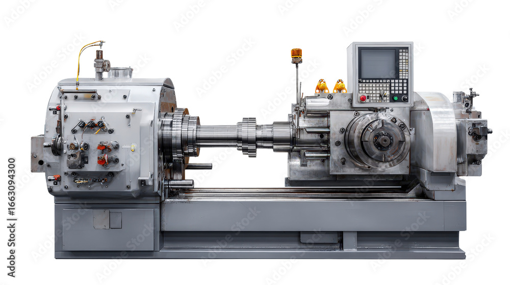 Fototapeta premium Lathe machine with metal workpiece background isolated on a Transparent background, PNG file.